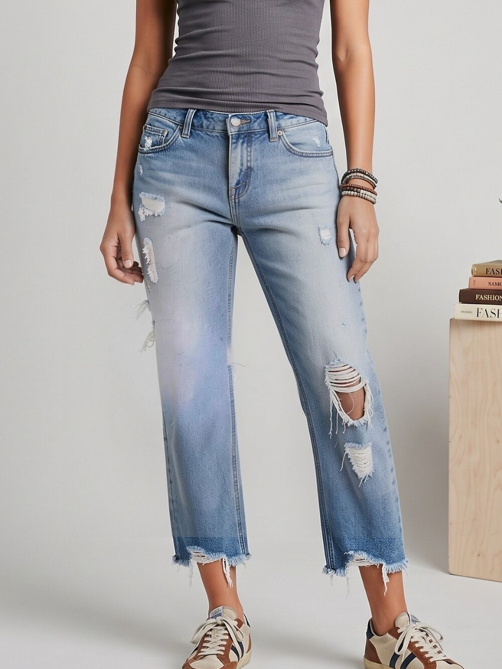 Free People Wide Leg Crop Jeans Distressed Light Blue 29